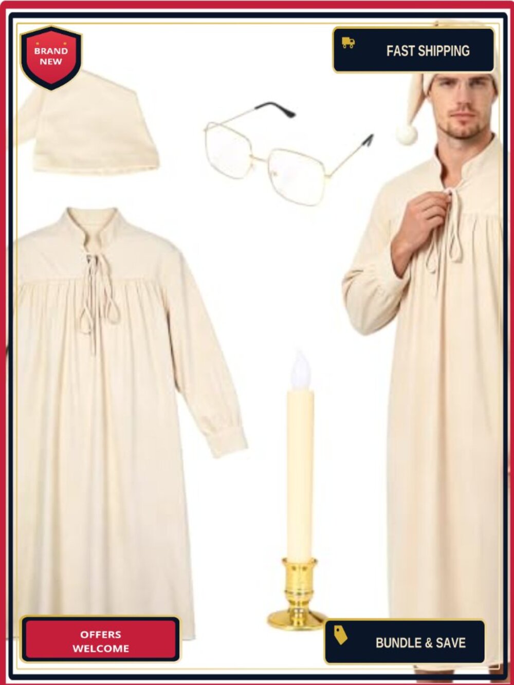 Men's 4 Piece Victorian Night Gown Costume Set with Hat Glasses Candles